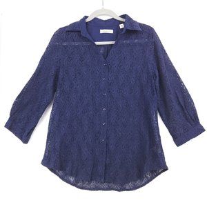 Coldwater Creek Womens Button-Down Sheer Blouse Size S Blue Floral V-Neck Tunic